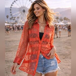 BKE Boutique Coral Lace Button Down Blouse XL Sheer Oversized Boho Statement Top